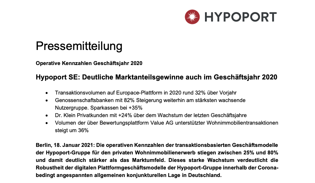 Pressemitteilung – Hypoport SE: Deutliche Marktanteilsgewinne auch im Geschäftsjahr 2020