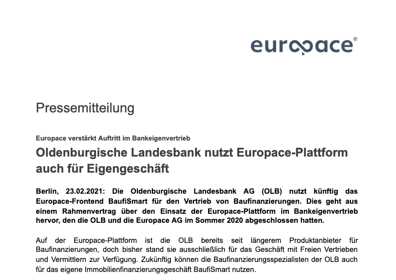 Oldenburgische Landesbank nutzt Europace-Plattform auch für Eigengeschäft