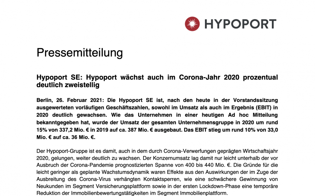 Pressemitteilung – Hypoport SE: Wachstum im Corona-Jahr 2020 prozentual deutlich zweistellig