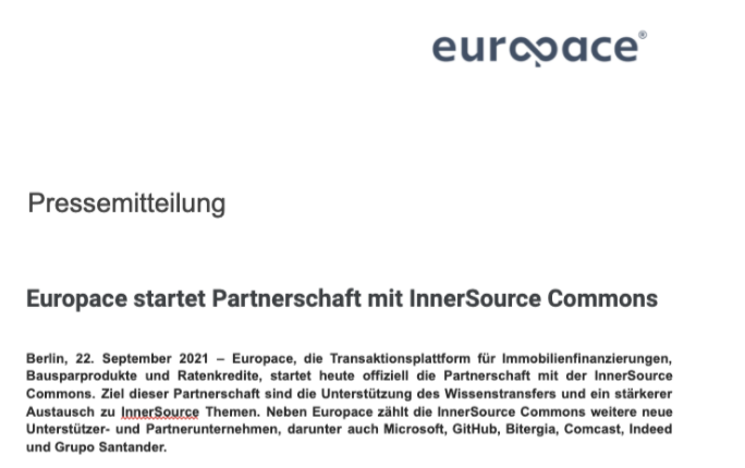 Pressemitteilung – Europace Partner InnerSource Commons