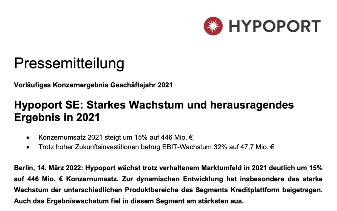 Hypoport SE: Starkes Wachstum und herausragendes Ergebnis in 2021